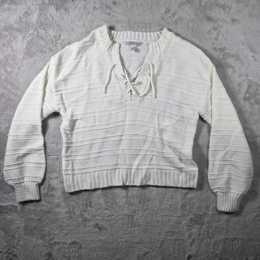 No Boundaries Sweater Women L White Lace Up V Neck Textured Knit Balloon Sleeve